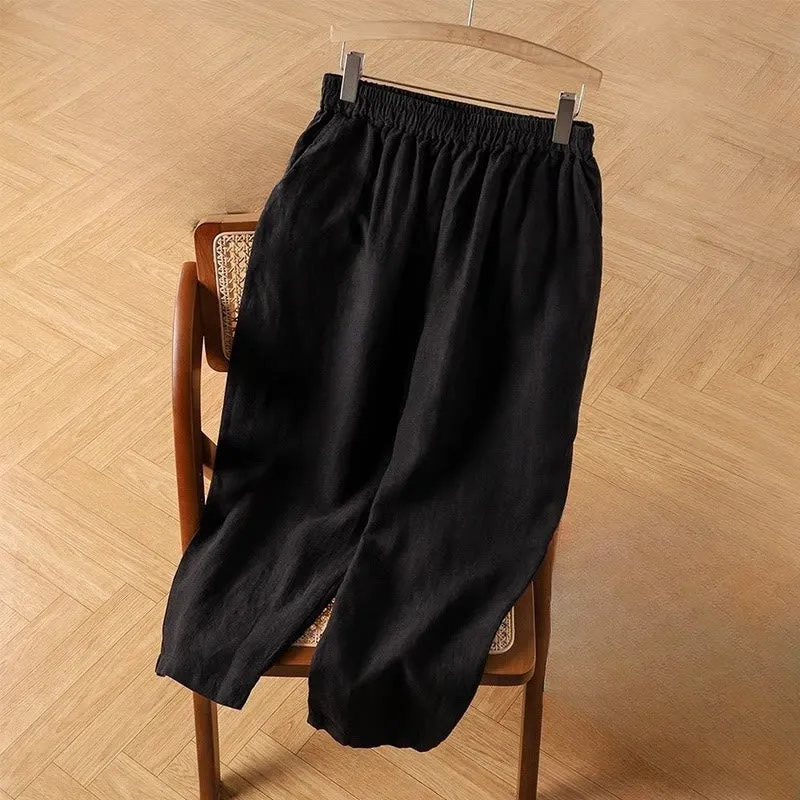 Buddha Stones Casual Plain High Waist Cotton Linen Women's Harem Pants With Pockets