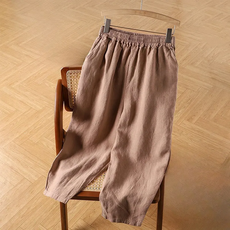Buddha Stones Casual Plain High Waist Cotton Linen Women's Harem Pants With Pockets