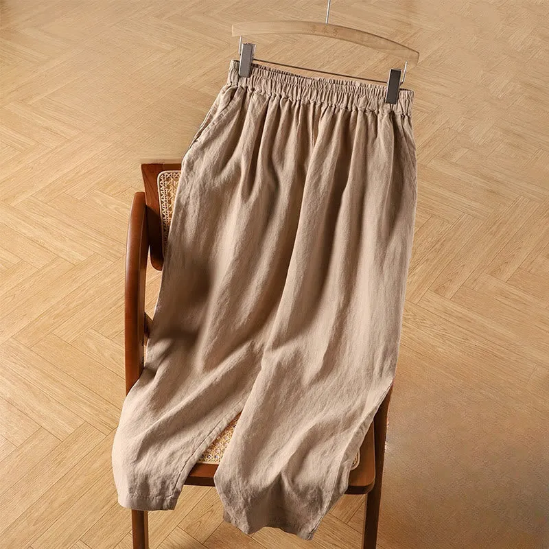 Buddha Stones Casual Plain High Waist Cotton Linen Women's Harem Pants With Pockets