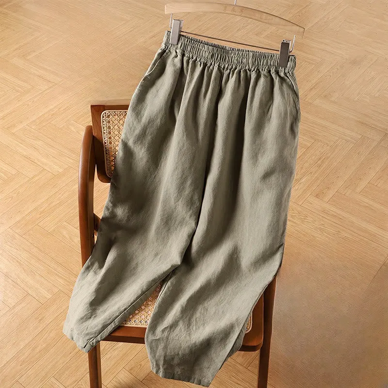 Buddha Stones Casual Plain High Waist Cotton Linen Women's Harem Pants With Pockets