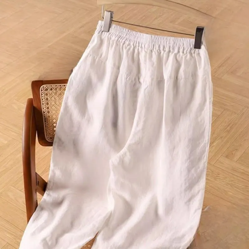 Buddha Stones Casual Plain High Waist Cotton Linen Women's Harem Pants With Pockets