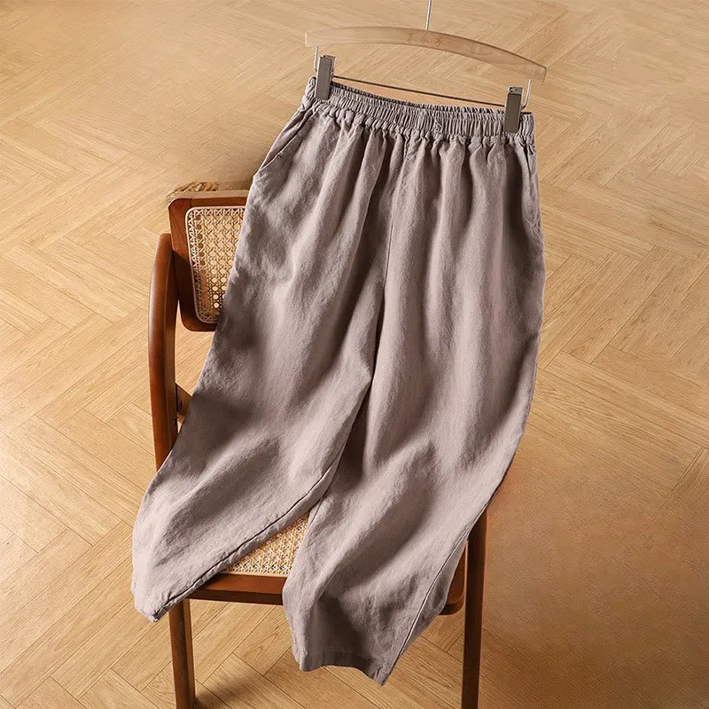 Buddha Stones Casual Plain High Waist Cotton Linen Women's Harem Pants With Pockets