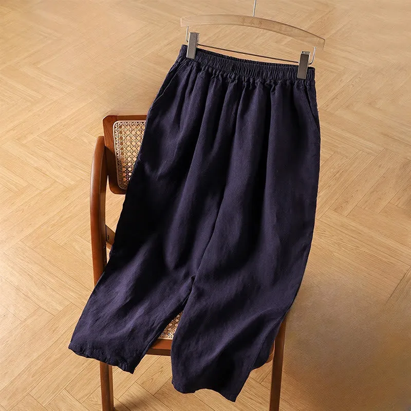 Buddha Stones Casual Plain High Waist Cotton Linen Women's Harem Pants With Pockets