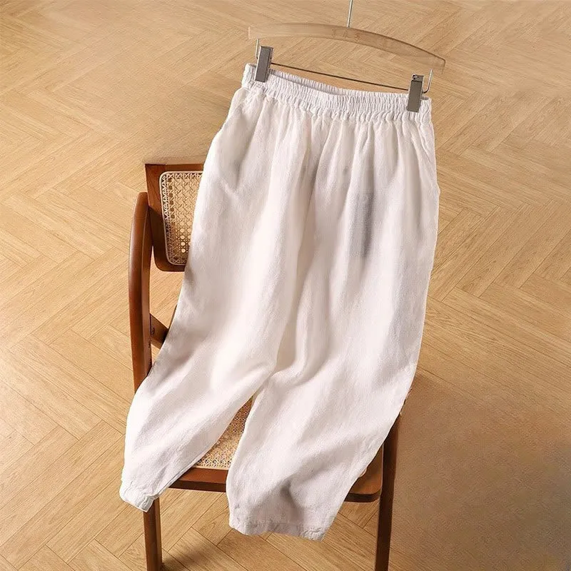 Buddha Stones Casual Plain High Waist Cotton Linen Women's Harem Pants With Pockets