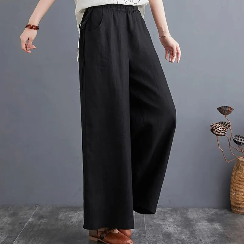 Buddha Stones Pure Simple Design High Waist Cotton Linen Women's Wide Leg Pants With Pockets