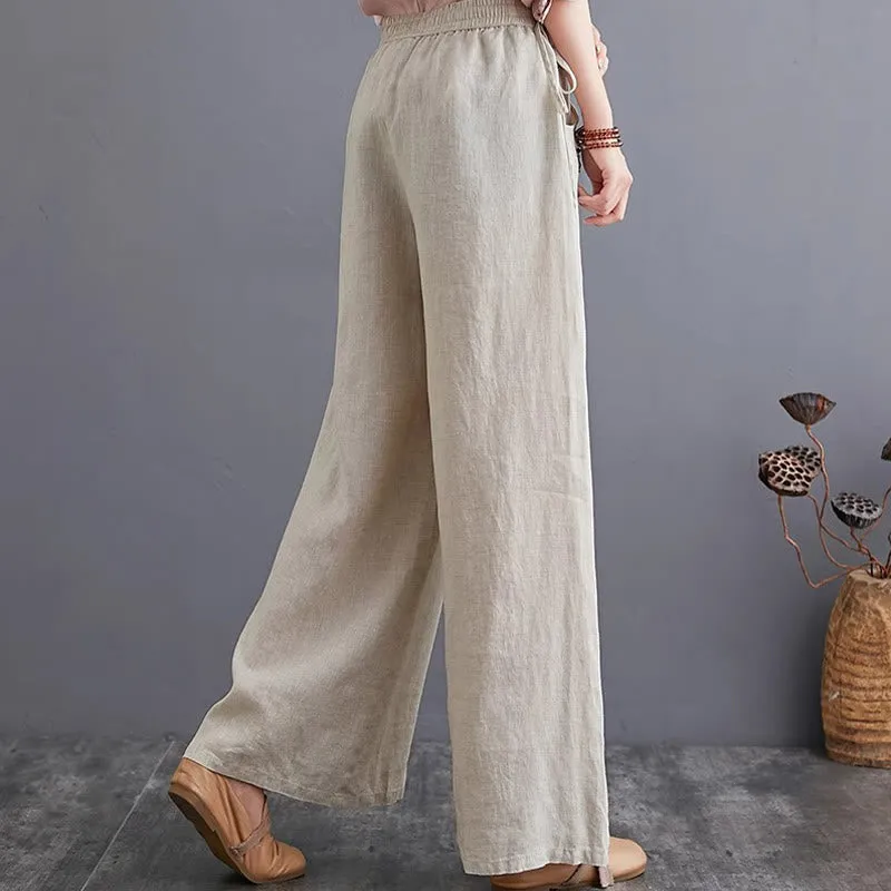 Buddha Stones Pure Simple Design High Waist Cotton Linen Women's Wide Leg Pants With Pockets