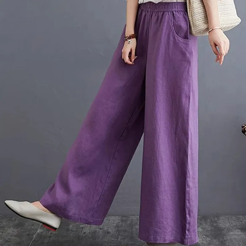 Buddha Stones Pure Simple Design High Waist Cotton Linen Women's Wide Leg Pants With Pockets