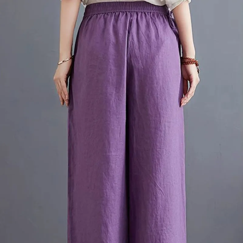 Buddha Stones Pure Simple Design High Waist Cotton Linen Women's Wide Leg Pants With Pockets