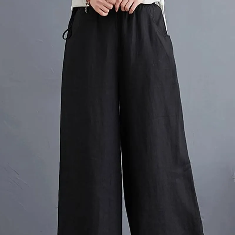 Buddha Stones Pure Simple Design High Waist Cotton Linen Women's Wide Leg Pants With Pockets