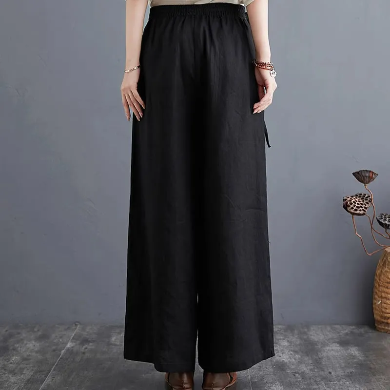 Buddha Stones Pure Simple Design High Waist Cotton Linen Women's Wide Leg Pants With Pockets