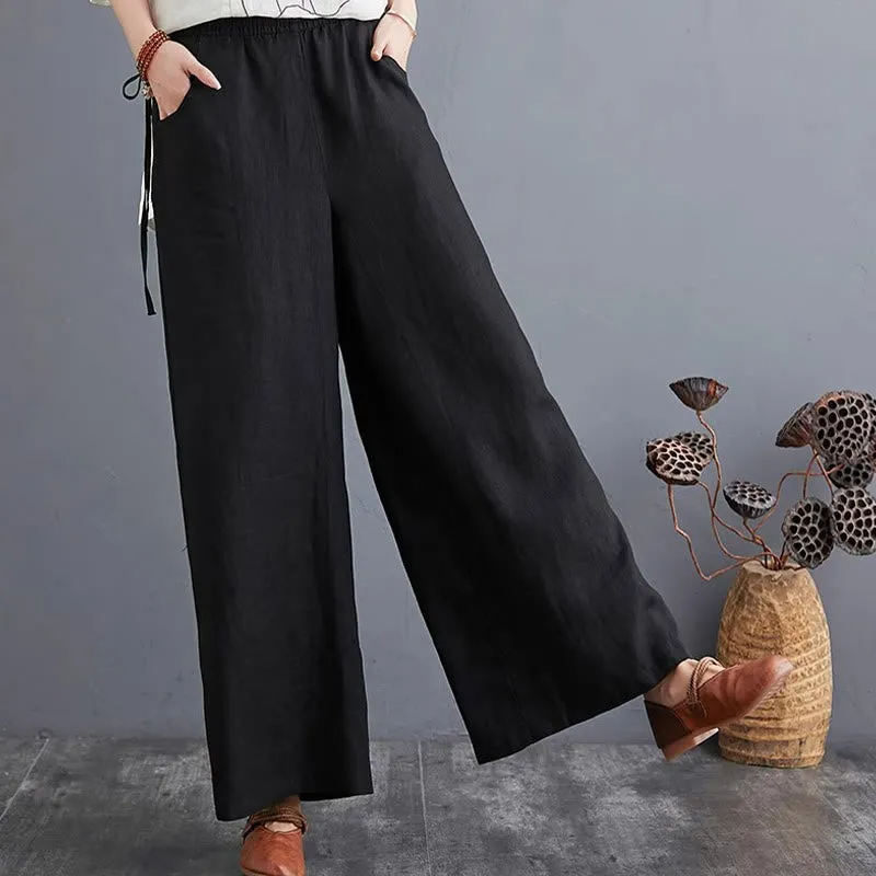 Buddha Stones Pure Simple Design High Waist Cotton Linen Women's Wide Leg Pants With Pockets