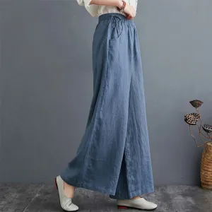 Buddha Stones Pure Simple Design High Waist Cotton Linen Women's Wide Leg Pants With Pockets