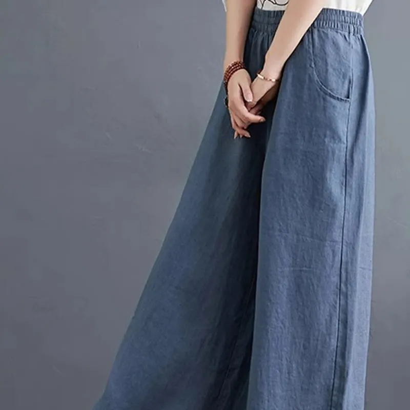 Buddha Stones Pure Simple Design High Waist Cotton Linen Women's Wide Leg Pants With Pockets