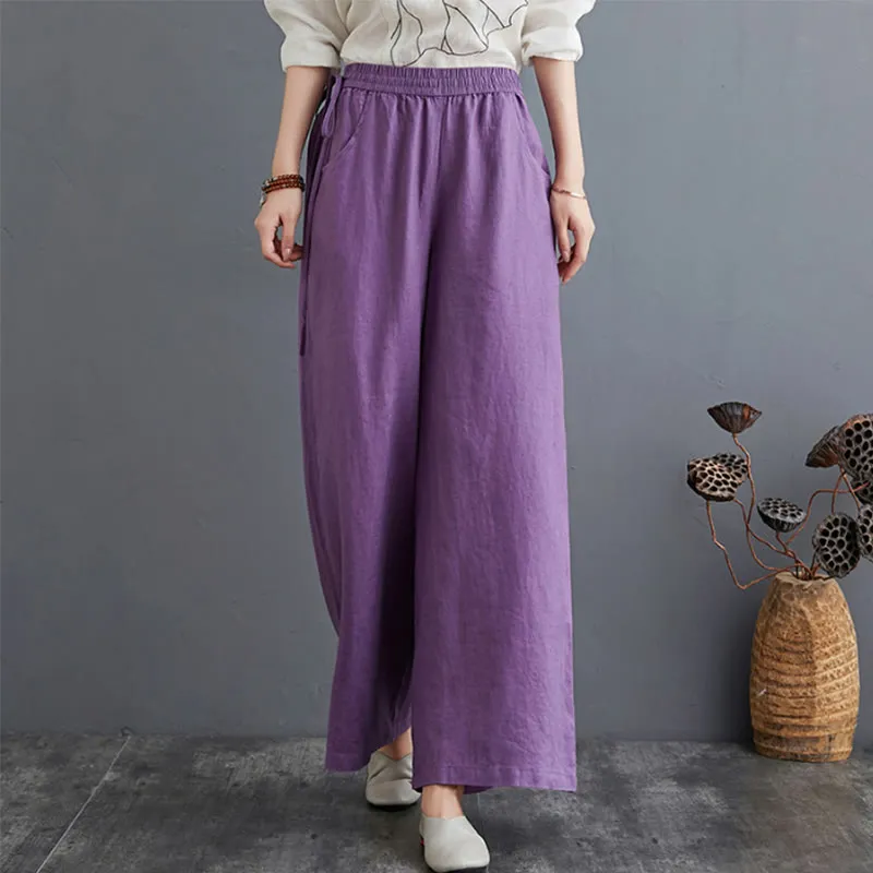 Buddha Stones Pure Simple Design High Waist Cotton Linen Women's Wide Leg Pants With Pockets