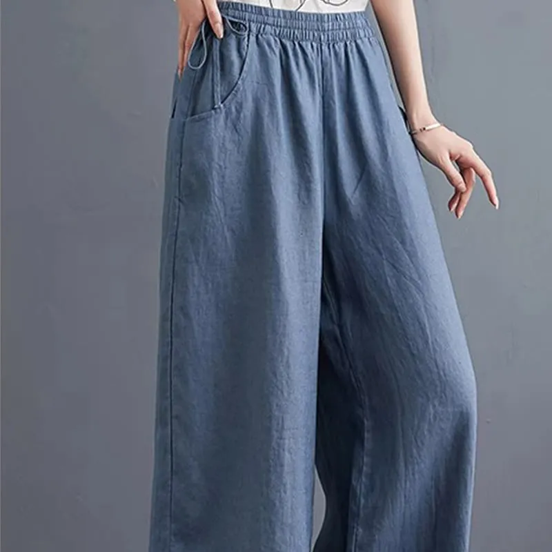 Buddha Stones Pure Simple Design High Waist Cotton Linen Women's Wide Leg Pants With Pockets