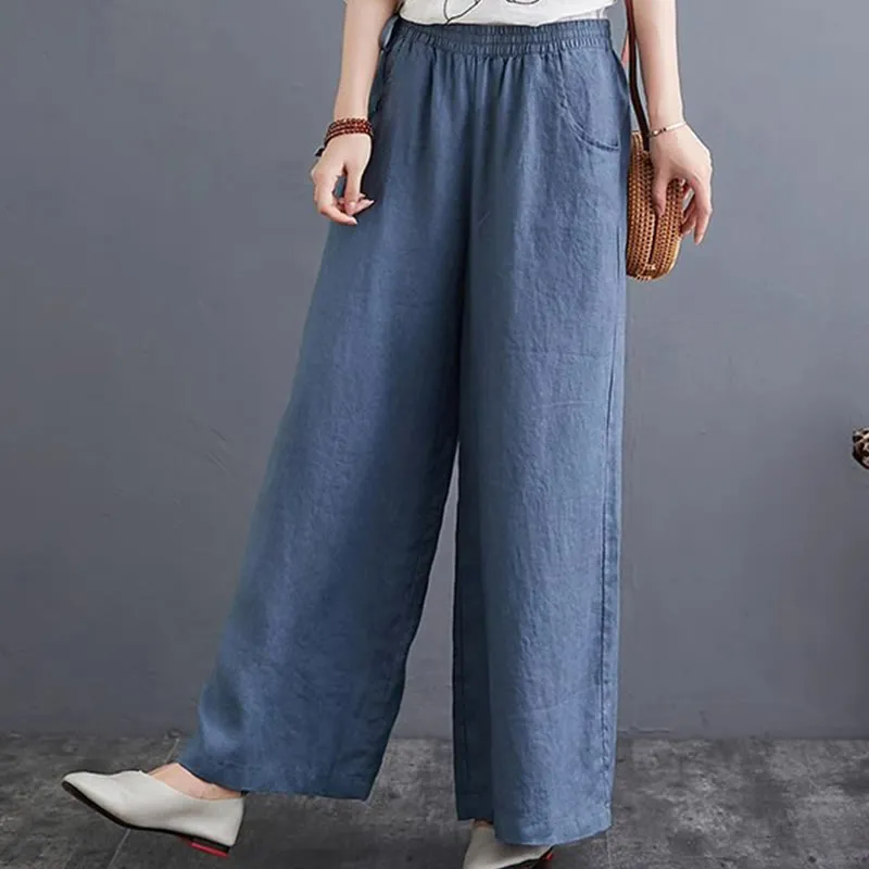 Buddha Stones Pure Simple Design High Waist Cotton Linen Women's Wide Leg Pants With Pockets