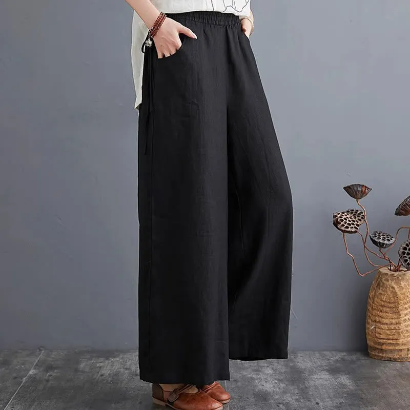 Buddha Stones Pure Simple Design High Waist Cotton Linen Women's Wide Leg Pants With Pockets