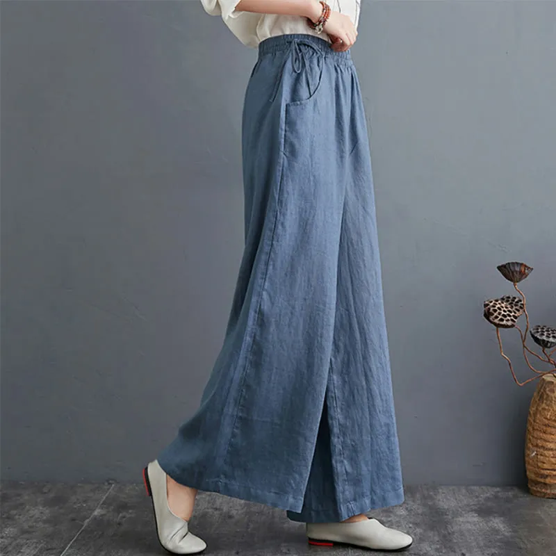 Buddha Stones Pure Simple Design High Waist Cotton Linen Women's Wide Leg Pants With Pockets