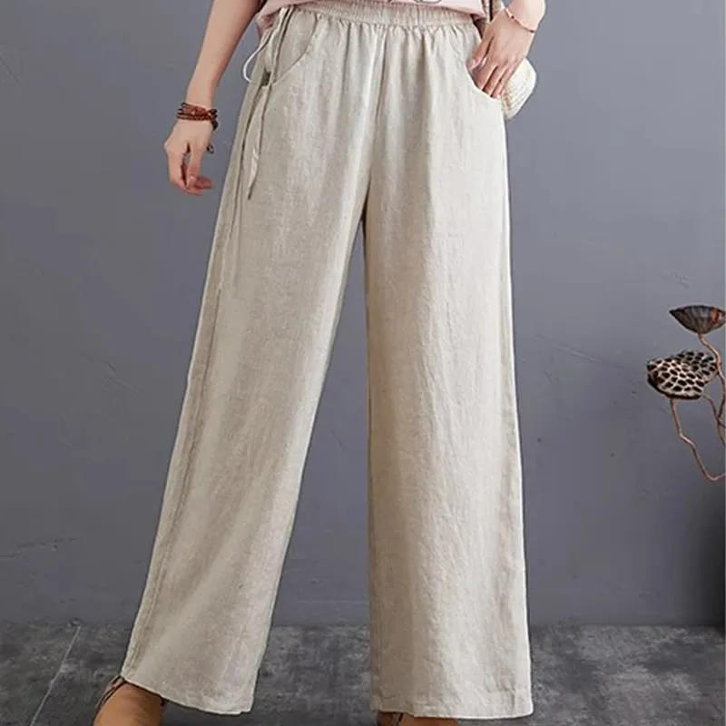 Buddha Stones Pure Simple Design High Waist Cotton Linen Women's Wide Leg Pants With Pockets