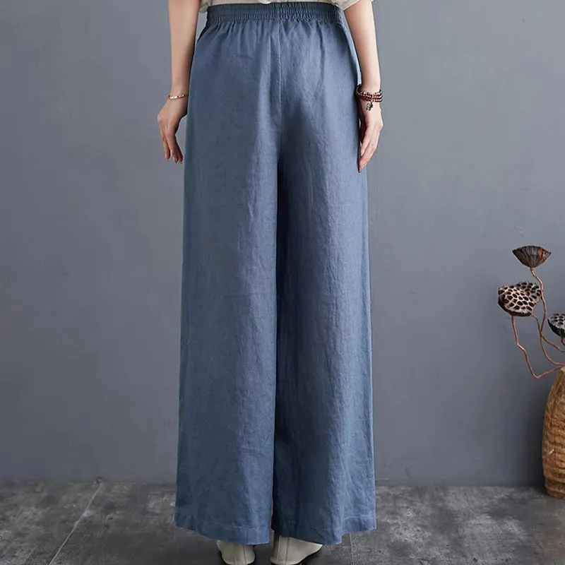 Buddha Stones Pure Simple Design High Waist Cotton Linen Women's Wide Leg Pants With Pockets