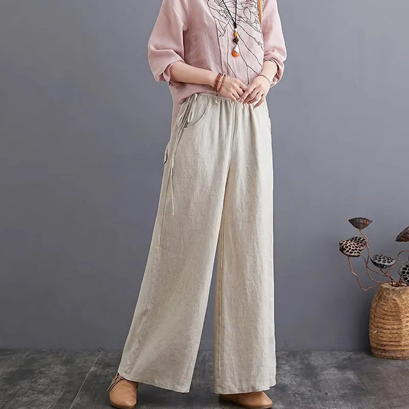 Buddha Stones Pure Simple Design High Waist Cotton Linen Women's Wide Leg Pants With Pockets