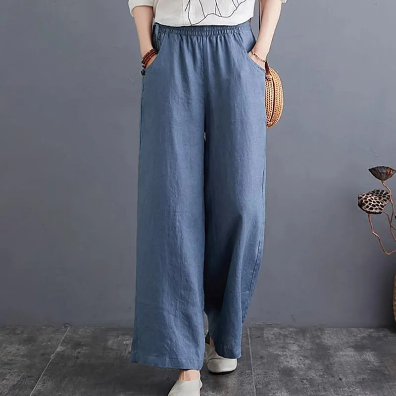 Buddha Stones Pure Simple Design High Waist Cotton Linen Women's Wide Leg Pants With Pockets