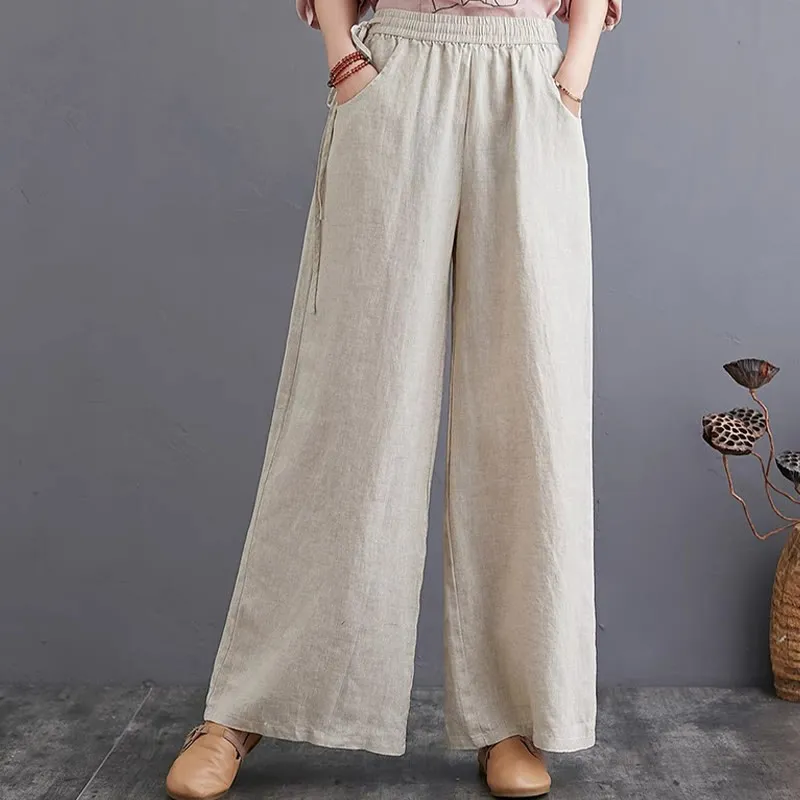 Buddha Stones Pure Simple Design High Waist Cotton Linen Women's Wide Leg Pants With Pockets