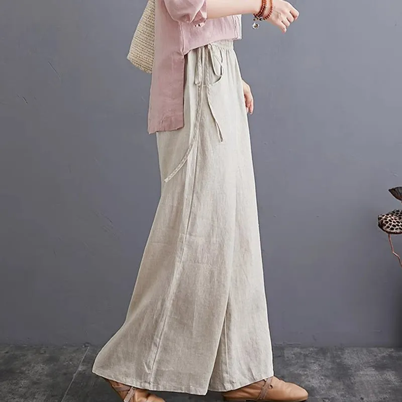 Buddha Stones Pure Simple Design High Waist Cotton Linen Women's Wide Leg Pants With Pockets
