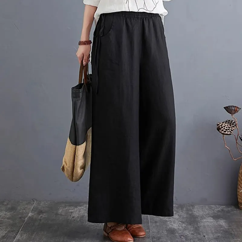 Buddha Stones Pure Simple Design High Waist Cotton Linen Women's Wide Leg Pants With Pockets