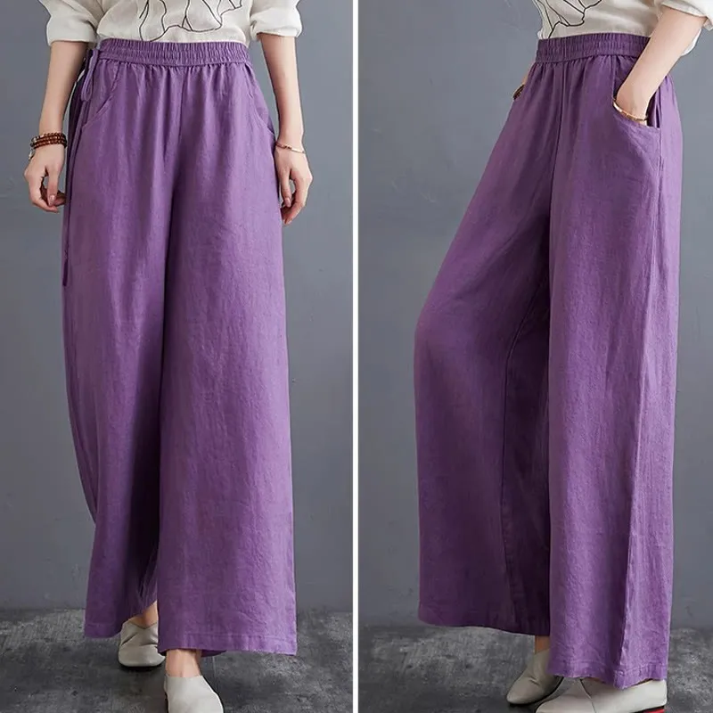 Buddha Stones Pure Simple Design High Waist Cotton Linen Women's Wide Leg Pants With Pockets