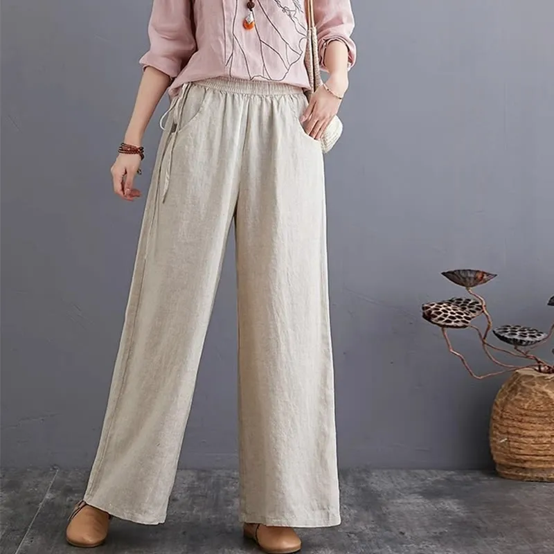 Buddha Stones Pure Simple Design High Waist Cotton Linen Women's Wide Leg Pants With Pockets
