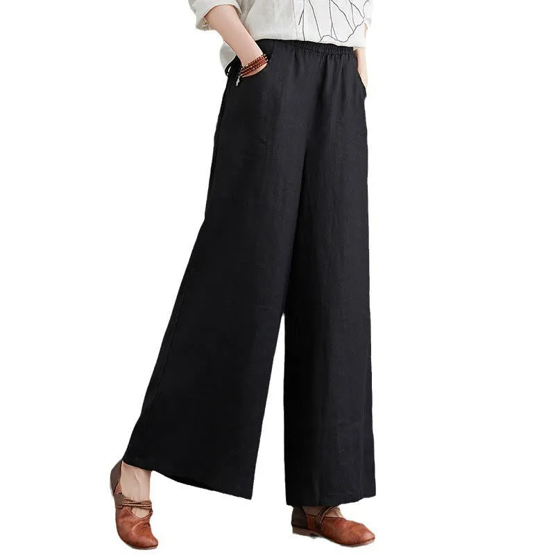 Buddha Stones Pure Simple Design High Waist Cotton Linen Women's Wide Leg Pants With Pockets