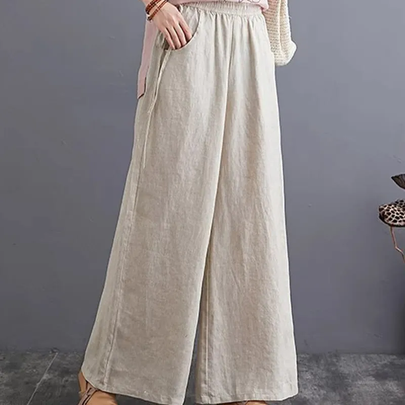 Buddha Stones Pure Simple Design High Waist Cotton Linen Women's Wide Leg Pants With Pockets