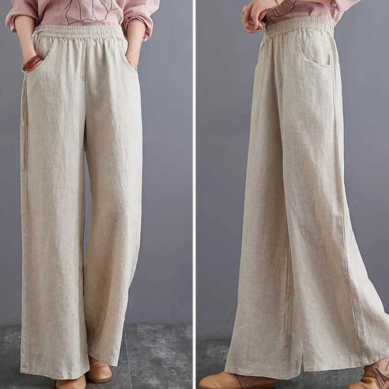 Buddha Stones Pure Simple Design High Waist Cotton Linen Women's Wide Leg Pants With Pockets