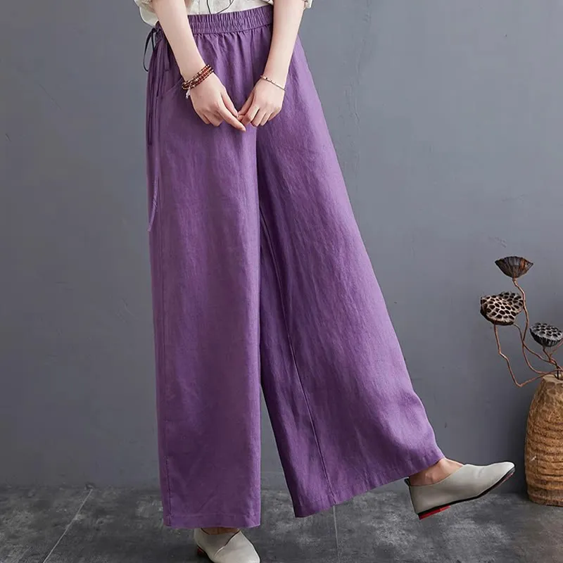 Buddha Stones Pure Simple Design High Waist Cotton Linen Women's Wide Leg Pants With Pockets