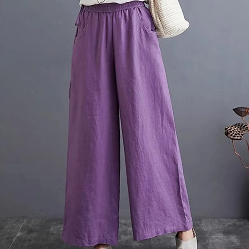 Buddha Stones Pure Simple Design High Waist Cotton Linen Women's Wide Leg Pants With Pockets