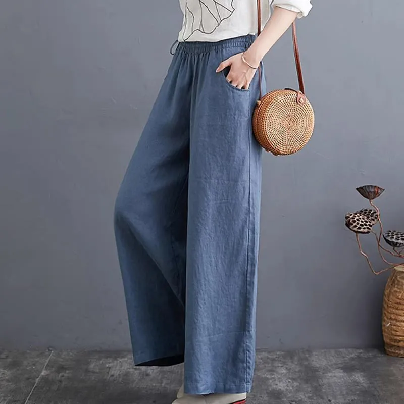 Buddha Stones Pure Simple Design High Waist Cotton Linen Women's Wide Leg Pants With Pockets