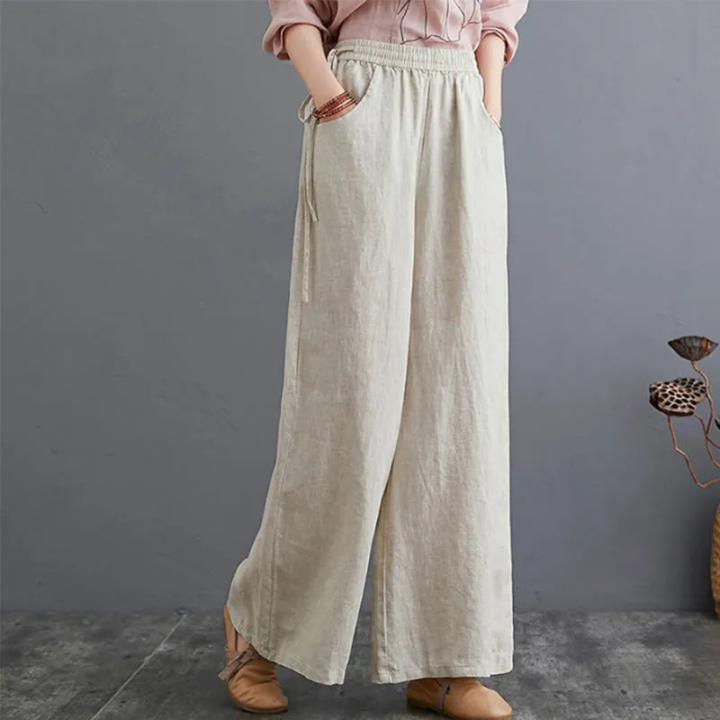 Buddha Stones Pure Simple Design High Waist Cotton Linen Women's Wide Leg Pants With Pockets