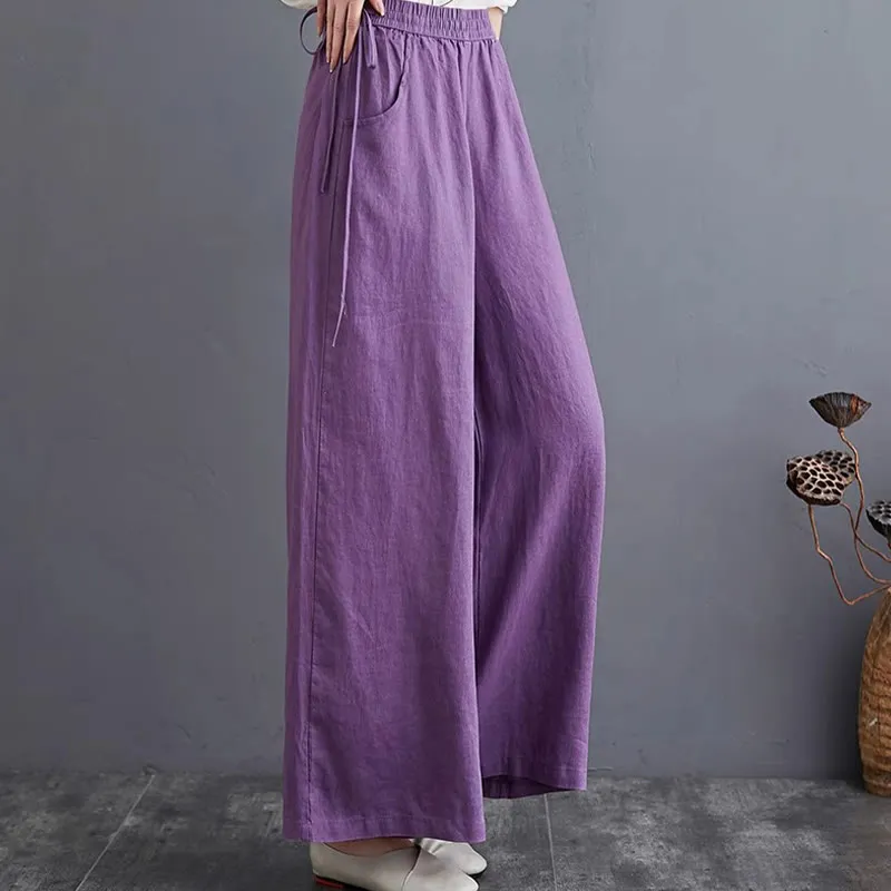 Buddha Stones Pure Simple Design High Waist Cotton Linen Women's Wide Leg Pants With Pockets