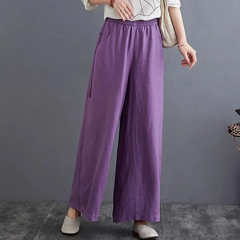 Buddha Stones Pure Simple Design High Waist Cotton Linen Women's Wide Leg Pants With Pockets