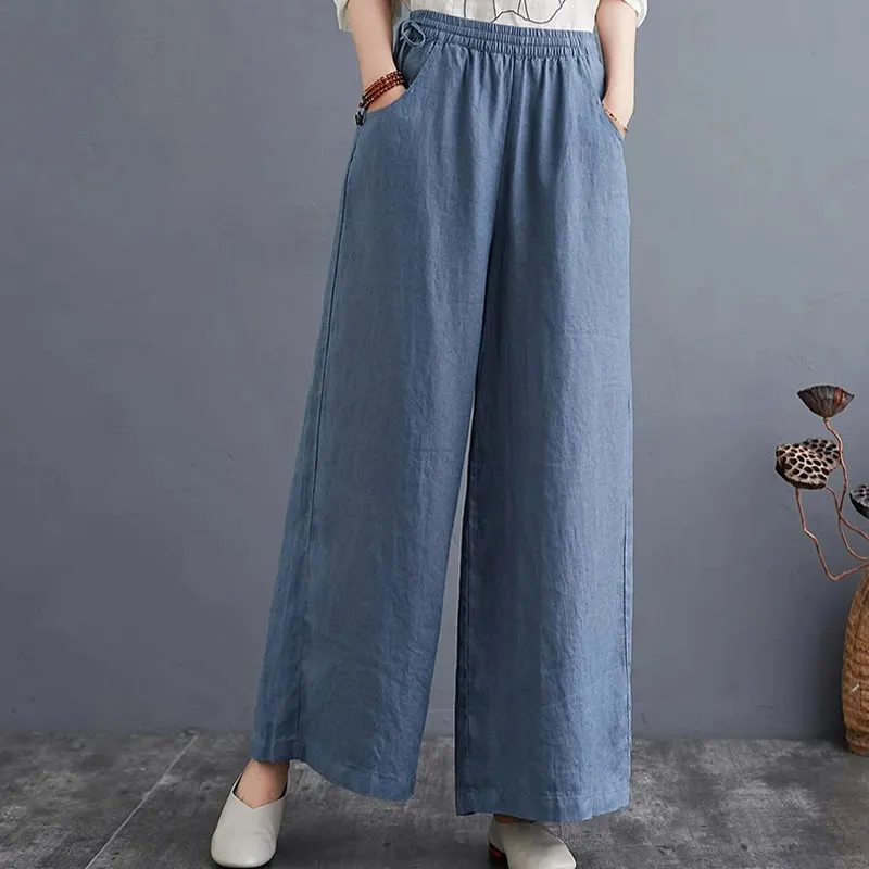 Buddha Stones Pure Simple Design High Waist Cotton Linen Women's Wide Leg Pants With Pockets