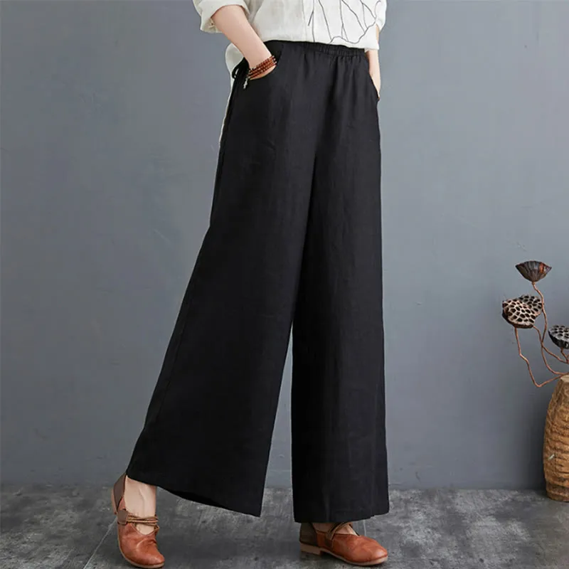 Buddha Stones Pure Simple Design High Waist Cotton Linen Women's Wide Leg Pants With Pockets