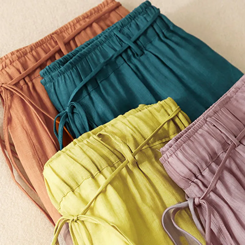 Buddha Stones Simple Design Drawstring Linen Women's Wide Leg Pants With Pockets