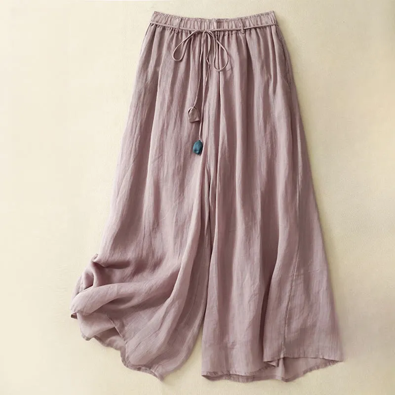 Buddha Stones Simple Design Drawstring Linen Women's Wide Leg Pants With Pockets
