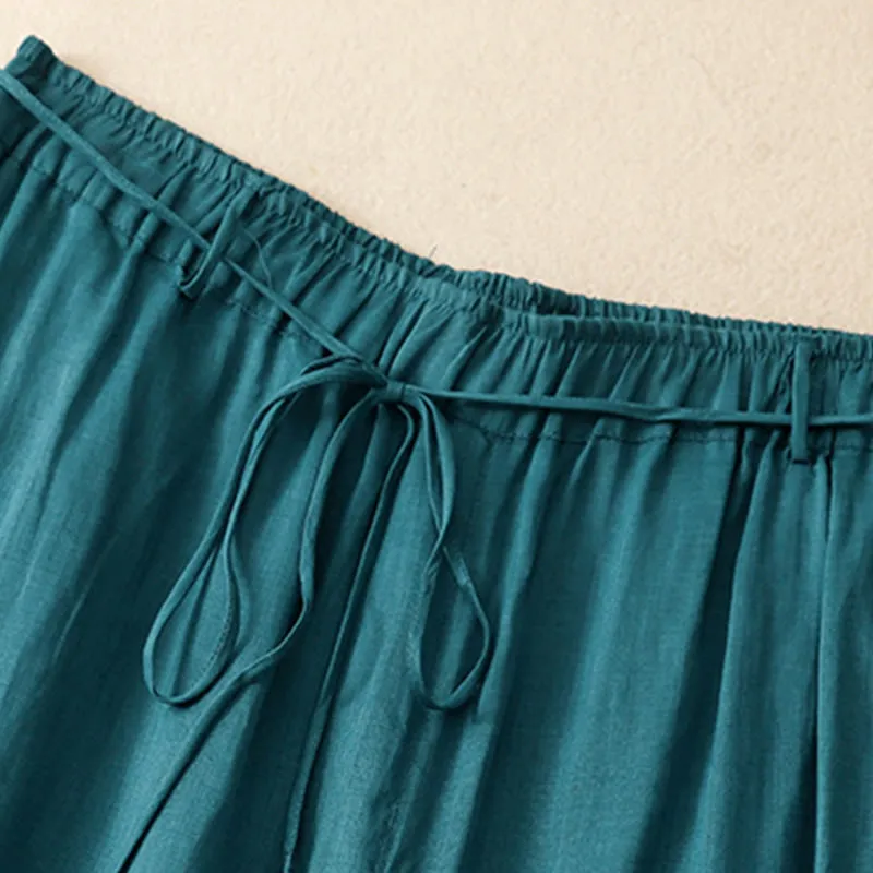 Buddha Stones Simple Design Drawstring Linen Women's Wide Leg Pants With Pockets