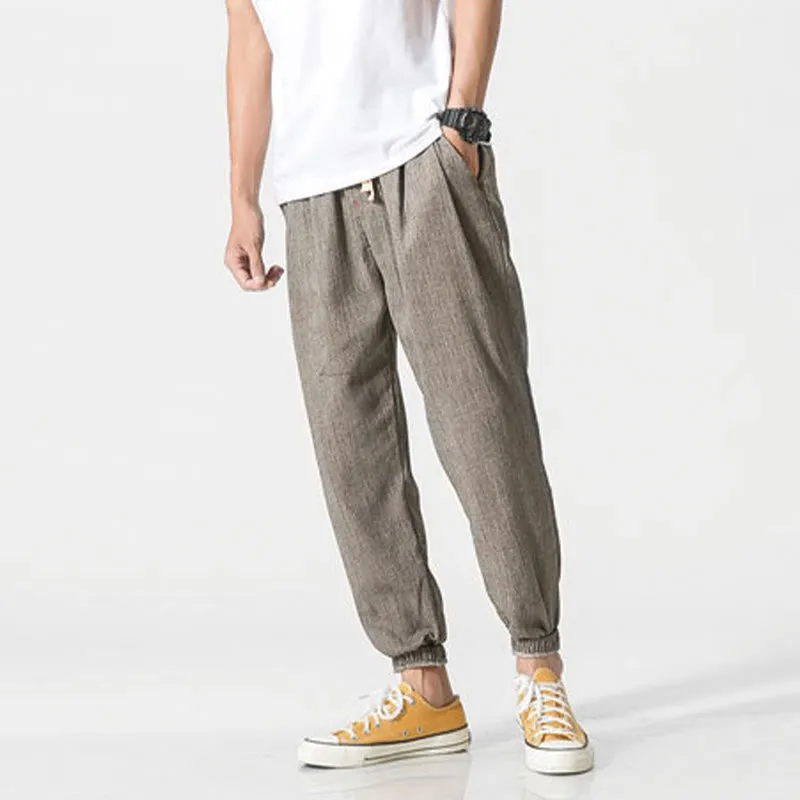 Buddha Stones Simple Drawstring Design  Linen Men's Pants With Pockets