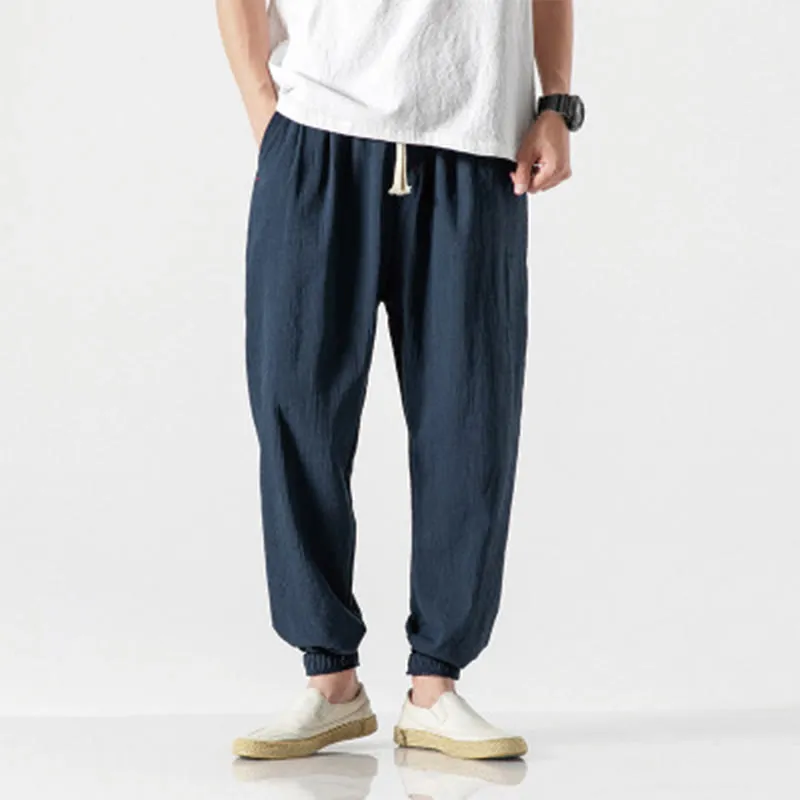 Buddha Stones Simple Drawstring Design  Linen Men's Pants With Pockets