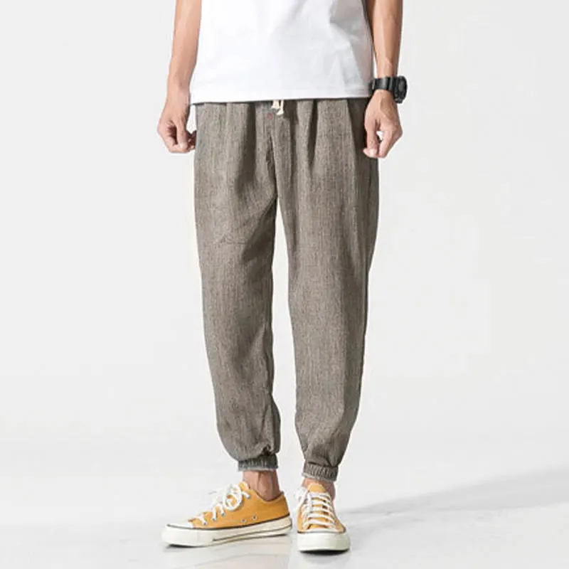 Buddha Stones Simple Drawstring Design  Linen Men's Pants With Pockets