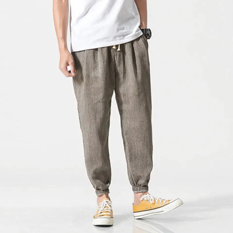 Buddha Stones Simple Drawstring Design  Linen Men's Pants With Pockets