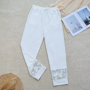 Buddha Stones Summer Daily FloralWhite Plain Patchwork Lace Design Cotton Linen Women's Pants With Pockets